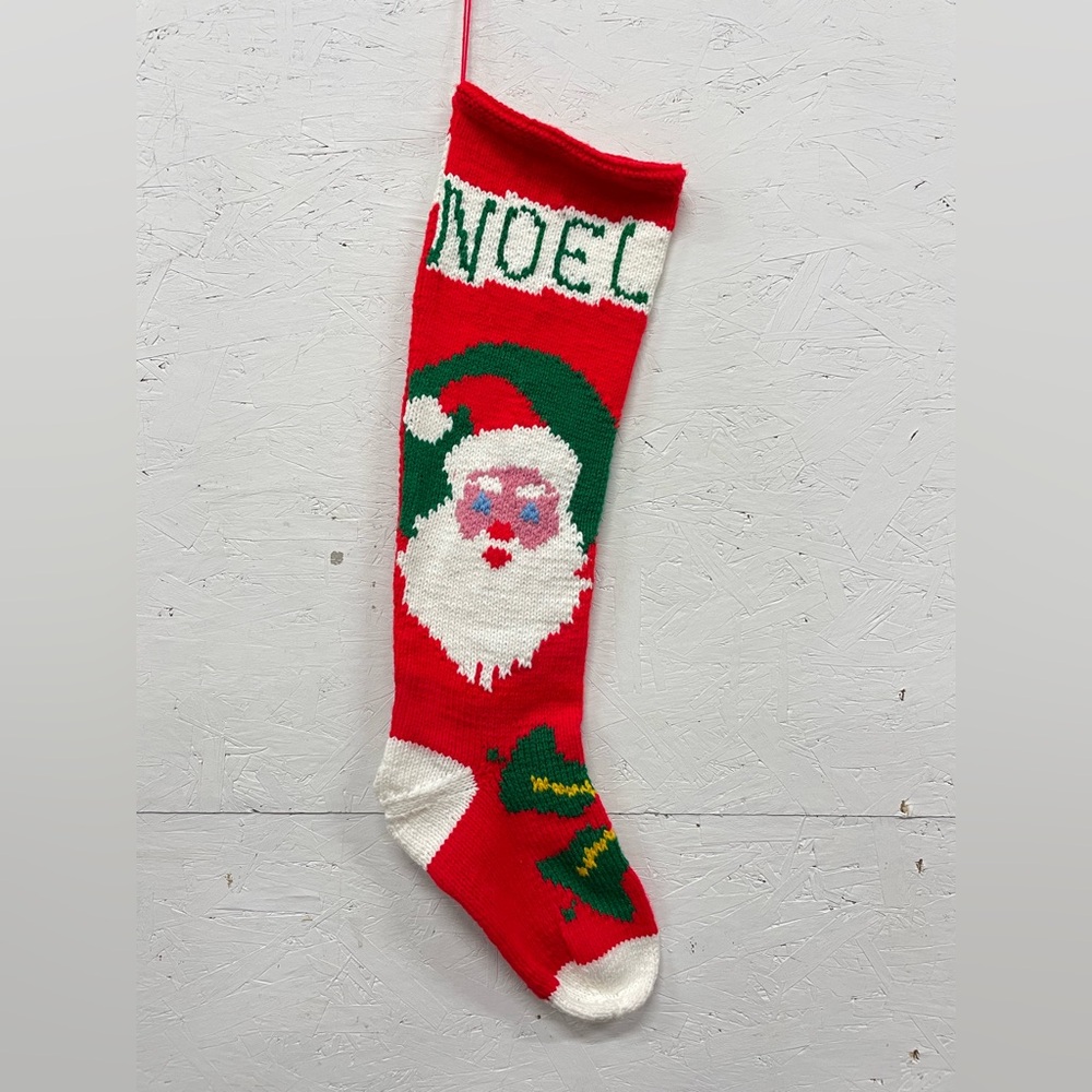 Vintage Christmas Hand Knit Santa Stocking, 31”